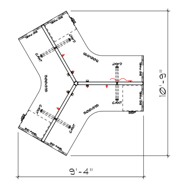 Three-person boomerang desk dimensions