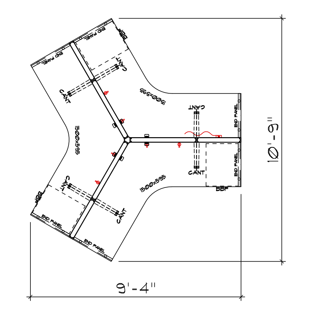 Three-person boomerang desk dimensions