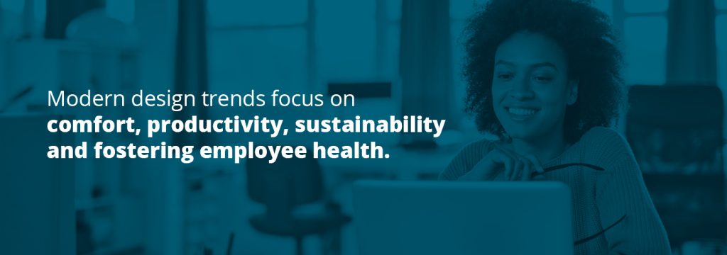 woman researching modern office design trends