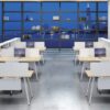 Two rows of the Sunline SP Desking systems in a high tech office looking at New York City