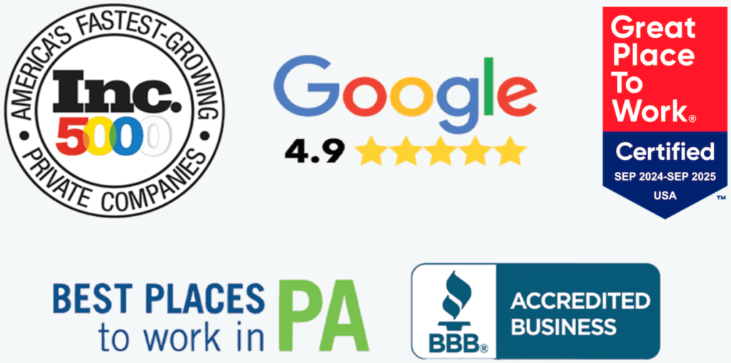 Inc 5000 Fastest Growing Privacy Companies. Google 4.9 stars. Great place to work certified. Best places to work in PA. BBB Accredited business.
