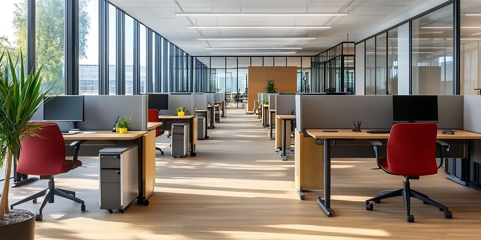office cubicle layout with plants on the sides